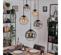 Suspension Gastor, à suspension en métal/verre de couleur noire/ambre/fumée/transparente, au design rétro/vintage, abat-jour en verre (Ø 20, 25, 30 cm), hauteur max. 150 cm, 5x E27, sans ampoule
