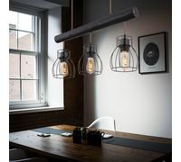 Suspension lampe suspendue vintage tige en bois lampe rétro en bois avec abat-jour en grille noire, cage en métal, 3x douilles E27, HxLxW 140x60x13,6cm
