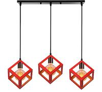 Suspension industrielle vintage E27 Lustre à cage en métal à cube rétro Ø22cm Plafonnier pour cuisine et salon Barre rouge de 50 cm incluse