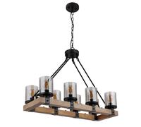 Suspension lampe de salon lampe de salle à manger, métal noir bois verre couleur fumée, 8 ampoules E27, H 100 cm