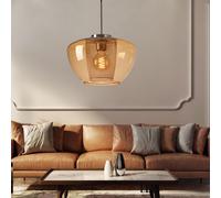 Suspension Lampe De Salon Métal Tissé Or Verre Ambre D 30Cm