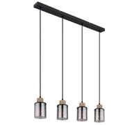 Suspension lampe de table à manger noire 4 flammes suspension en verre fumé, métal noir mat, bois, 4x E27, LxlxH 78x10x120 cm