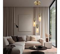Suspension Lampe De Table En Laiton 3 Flammes En Verre Ambre LED H 150 Cm