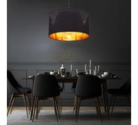 Suspension Lampe De Salon Ronde Textile Noir Or LED H 120 Cm