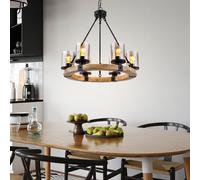 Lustre LED Lampe de table à manger Lampe suspendue noire Bois Lampe de chambre à coucher Verre 6 flammes, métal, 6x 4W 6x 380lm blanc chaud, DxH 59x98 cm