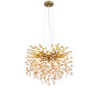 Suspension Lampe Plafonnier Doré Mat Cristaux Ambre H 120 Cm