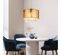 Suspension Lampe Salle à Manger Or Cristaux Transparent Tissu Métal E27