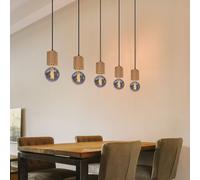Suspension 5 flammes salle à manger aspect bois clair suspension réglable en hauteur bois, métal MDF, 5x douille E27, LxPxH 115x6x120 cm