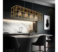 Suspension lampe suspendue lampe de table à manger en bois 4 flammes grille de lampe cage industrielle or, métal, noir, 4x douille E27, LxPxH 90x20x150 cm