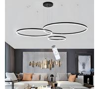 Suspension LED 75 W à intensité Variable, 7 650 LM, Hauteur et Forme réglables, télécommande, 3 000 K/6 000 K, 3 Anneaux en Aluminium, 20, 40, 60 cm, pour Cuisine et Restaurant, Noir
