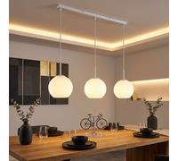 Suspension LED, hauteur réglable, blanche, métal, boule en verre, 3 ampoules, L 90 cm