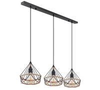 Lampe suspendue suspension plafonnier salon lumière lampe de salle à manger, métal corde de chanvre noir abat-jour grille marron, E27 3 ampoules, L 100 cm