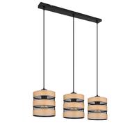 Suspension, suspension, lampe de salon, suspension, aspect bois, grille, noir Suspension, ronde, 3 flammes, métal MDF, douille 3x E27, LxlxH 75x18x120 cm
