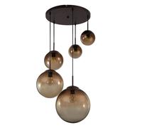 Suspension LED Plafonnier Métal Brun Verre Ambre Sphère 5x LED blanc chaud Hauteur 150 cm