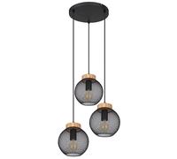 Suspension plafonnier suspension vintage suspension métal noir industriel, 3 ampoules, bois marron, 3x douilles E27, DxH 44x120cm