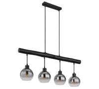 Suspension LED poutre en bois Lampe à suspendre rétro en bois Lampe de salle à manger Suspension 4 flammes, noir, verre fumé, 4x 6W, 4x 806lm blanc chaud, LxlxH 85x15x120 cm