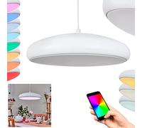 Suspension LED Rhone, lampe en métal blanc abat jour en plastique blanc, via application sur smartphone les LED et RGB peuvent être commandées à volonté, 1x RGB LED, 27 Watt