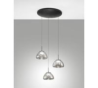 Suspension Lucille Ø350 mm, verre fumé, LED 21W, 2700K/3000K/4000K, dimmable. Structure en métal et verre borosilicate pour un éclairage chic.