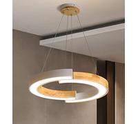 suspension luminaire bois LED pour table à manger, lustre ronde salle à manger, décoration abat-jour en métal acrylique blanc, lampe suspendue réglable moderne pour salon étude cuisine, L48cm (3000K)