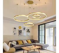 Suspension Luminaire Moderne LED Réglable En Hauteur Salon Lampe À Suspension Anneau Intensité Variable Lustre Anneau Metal Abat Jour Acrylique Plafonnier Pour Hôtel Restaurantlight Lobby,D'or,4ring