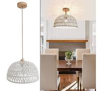 Suspension Luminaire Rotin Blanc, Lampe Suspendue Vintage Boho avec 2 Lamp Bases E27 Lustre de Table à Manger Rétro Tressé Abat-Jour Plafonnier Pour Chambre Salle à Manger Cuisine Restaurant Ø 30 cm