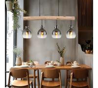 Suspension lampe de table à manger lampe de salon lampe de salle à manger, métal bois verre fumé noir, 4 ampoules E27, H 140 cm