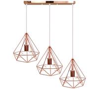 Suspension moderne E27 3 ampoules DiPlafonnier en fer en forme d'amond Design rétro pour chambre à coucher Cuisine Salon Or rose 50CM Bar 25CM Hauteur