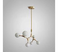 Suspension Moderne en Fer Forgé 3 Ampoules Suspension en Verre Blanc Industriel Suspension Suspendue Créative pour Chambre à Coucher Salon Suspension LED Réglable en Hauteur, Gold, 7-Lamps