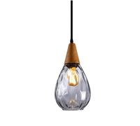 Suspension moderne en forme de larme avec abat-jour en verre texturé ambré et transparent et accents de bois, petite lampe suspendue E27 pour îlot de cuisine, table de chevet, entrée, luminaire de sty
