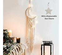 Suspension Murale tissée en macramé bohème - Attrape-rêves en Forme de Croissant de Lune et d'étoiles avec Long Pompon - Cordon en Coton Blanc Fait à la Main - Décoration d'intérieur bohème - Cadeau