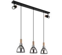 Suspension, noir, moderne, lampe de table à manger, 5 spots de flamme, pivotant, aspect bois, verre métal, fumé, douille GU10/E27, LxlxH 95x16x120 cm