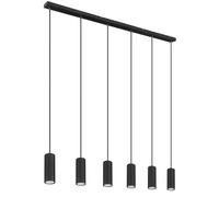 Suspension noire 6 flammes Suspension métal noir Suspension salle à manger, réglable en hauteur, métal noir, 6x douilles GU10, LxPxH 115x6x120 cm