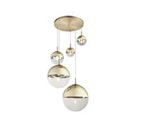 Suspension originale à 5 ampoules avec boules en verre doré et verre transparent