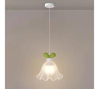 Suspension Pastorale avec Abat-Jour en Verre et Fleur Blanche et Bourgeon en résine Verte | Plafonnier Art déco, Petites suspensions pour Chambre d'enfant, Salle à Manger ou îlot de Cuisine