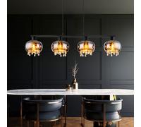 Suspension plafonnier 4 lampes métal cristaux de verre L 114 cm