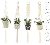 Suspension Plantes Macramé, 4 Pièces Macramé Panier de Supports de Plantes avec 4 Crochets de Suspension, Tissés à Main Fleurs