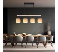 Suspension poutre en bois Réglable en hauteur Lampe de salle à manger en bois Suspension table à manger textile, gris naturel, 4xE27, LxBxH 102x18x120 cm
