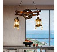 Suspension Rétro E27 table à manger Plafonnier Vintage Industriel Lustre Double Tête Pendentif En Bois Rustique Métal Verre Hauteur Réglable Chambre Restaurant Bar couloir Forme d'engrenage Décoration