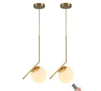 Suspension sans Fil à Piles avec Ampoule Rechargeable USB et télécommande (Non câblée) Style Milieu du siècle avec Abat-Jour Globe en Verre Blanc, pour Cuisine, îlot, Table à Manger, Chambre à Couch