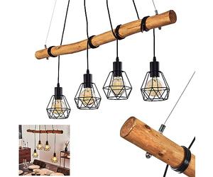 Suspension Seegaard en bois et métal noir, élégante lampe pendante rétro-moderne idéale dans une salle à manger design, hauteur max. 132 cm, Ø36 cm, pour 4 ampoules E27, ampoule(s) non incluse(s)