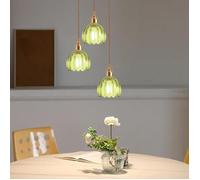 Suspension - SMOTOP - 3 lampes E27 - Verre vert soufflé - Structure métal laiton doré