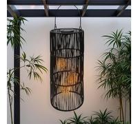 Suspension solaire aspect rotin noir avec 3 ampoules LED - 47 x 18 cm - Lanterne de jardin décorative à suspendre - Blanc chaud - Lampe solaire de table - Éclairage de jardin - Éclairage décoratif
