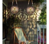 Lampe solaire suspension lumière décoration de jardin LED jardin rond extérieur table lumineuse suspension en forme de boule, métal cuivre argent, 1x LED, DxH 12x26 cm, lot de 2