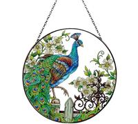 Suspension Suncatcher de Paon en Vitrail de 16.5 * 16.5 cm, Pendentif Attrape-Soleil avec Chaîne en Métal, Attrape-Rêves Décorations Fenêtre Murales (Paon)