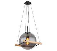 Suspension, suspension, suspension, lampe de table à manger, réglable en hauteur, verre fumé, métal, noir, bois naturel, 1x douille E27, LxlxH 33,5x35x120cm