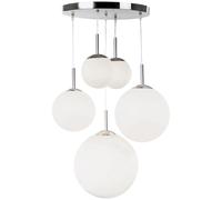 Suspension, table à manger, moderne, lampe de salon, argent, suspension à 5 flammes, boule de verre opale design, métal, 5x douille E27, DxH 50x90 cm