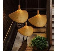 Suspension Table À Manger Natural Bamboo Pendentif Lumière E27 Combo 3 Flammes Lustre Salon Chambre Restaurant Café Bar Hauteur Réglable Tissé À La Main Abat - Jour Lampe Suspendue