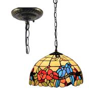 Suspension Tiffany Oiseaux et Fleurs Abat-Jour en Verre Vitrail Suspension Lampe Suspension Vintage Rouge Rose Orange Bleu Lys Décor Floral Lustre Large 12 Pouces Hauteur 39 Pouces, Perroque