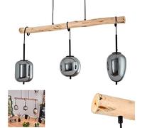 Suspension Verbania, lampe en métal noir et bois naturel avec un abat jour en verre fumé, luminaire modern à hauteur individuellement réglable, 3x E14, ampoule(s) non incluse(s)