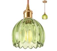 Suspension - Vert Fleur Vintage - Abat-jour verre fait main - Douille E27 - Structure métal doré